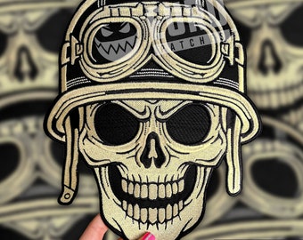 Angry skull helmet biker large back patch on vest, sew patch, custom patch, embroidery patch, iron patch, bike patch, skull patch