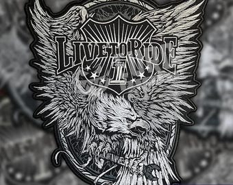Live To Ride Grey Eagle Biker Back Patch, Large Vest Patch