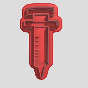 May include: Red plastic cookie cutter shaped like a syringe. The cutter has a plunger, needle, and markings on the side.