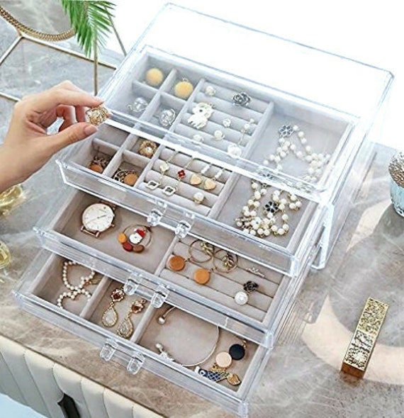 Large Earring Jewelry Organizer With 3 Drawers Clear Acrylic Jewelry Box  for Women,stackable Velvet Earring Display Case Earrings Ring 