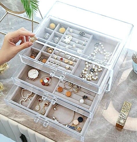 Customized Name 3-tier Jewelry Organizer Earrings Necklace Ring Acrylic  Jewelry Storage Box Velvet Jewelry Dustproof Case Stand Display Gift 