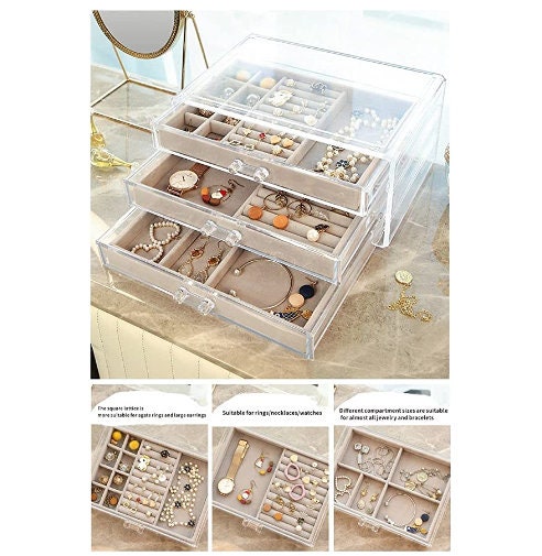 Large Earring Jewelry Organizer With 3 Drawers Clear Acrylic Jewelry Box  for Women,stackable Velvet Earring Display Case Earrings Ring 
