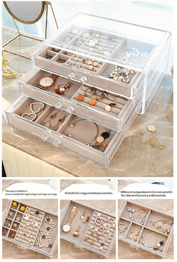 Acrylic Jewelry Box 3 Drawers, Velvet Jewellery Organizer, Earring Rings  Necklaces Bracelets Display Case Gift for Women, Girls