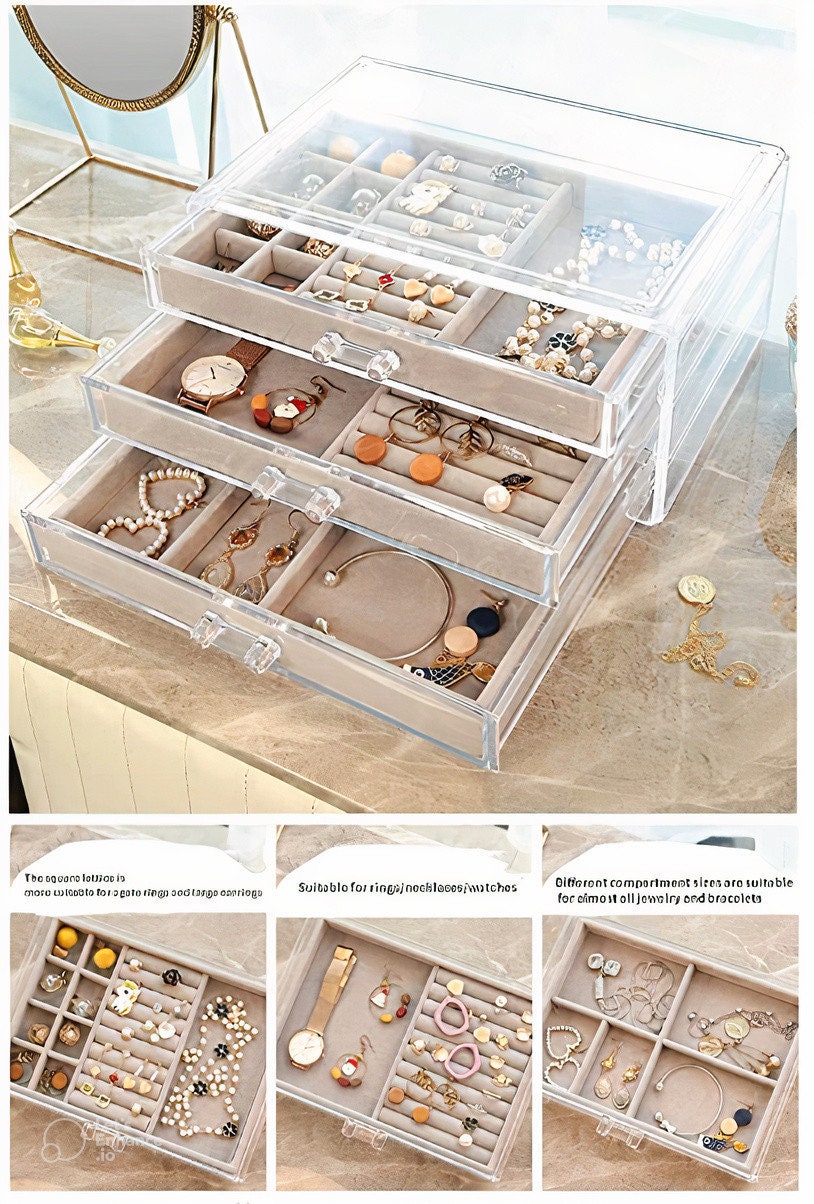 Large Earring Jewelry Organizer With 3 Drawers Clear Acrylic