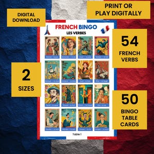 May include: A colorful French Bingo game with illustrations of verbs, including "Donner" and "Demander." The game includes 54 French verbs and 50 bingo table cards. The product is available as a digital download in two sizes.