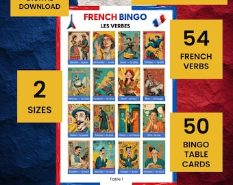 Bingospel Franse werkwoorden | Leer 54 Franse werkwoorden | 50 afdrukbare 4 x 4 bingokaarten + 54 belkaarten | Digitale download + bonus Quizlet-flashcards