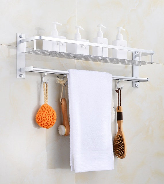 Bathroom Towel Rack Storage Organizer with Shelf Towel Bar Wall Rack+Hook  NEW