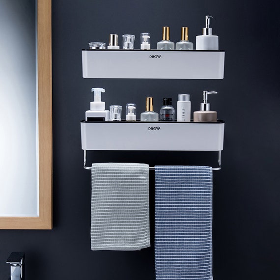 Grey & Black Bathroom Shelves Perforated Ceramic Tile Walls 