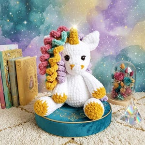May include: A white crocheted unicorn with a colourful mane and horn sits on a teal velvet cushion. The unicorn has yellow accents on its hooves and a multi-coloured mane. The background features a starry sky and other decorative items.