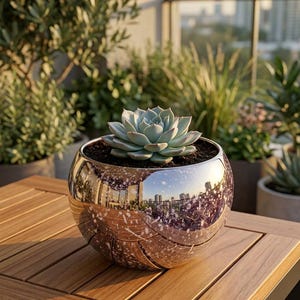 May include: A spherical planter with a reflective, metallic silver finish featuring a white speckled pattern. The planter contains a light green succulent plant with tightly layered, pointed leaves, centred in dark soil within the rounded vessel.