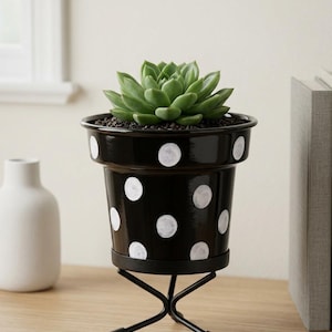 HINS Metal Planter with Stand | Polka Dot Flower Pot | Decorative Indoor Plant Pot | Modern Succulent Planter | Desk & Home Decor