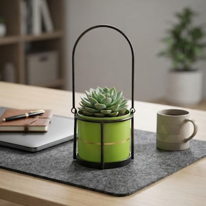 May include: A bright green cylindrical ceramic planter with a thin gold horizontal band, held within a dark brown metal frame featuring a tall, arched handle. A green succulent plant is potted inside the container, which sits upright.