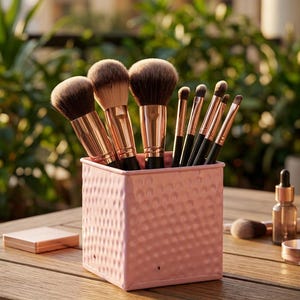 May include: A set of make-up brushes with rose gold ferrules and black handles, stored in a square, light pink metal container with a textured, dimpled surface. The brushes feature soft, brown-tipped bristles of varying sizes for application.
