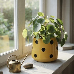 May include: A vibrant yellow ceramic planter featuring a pattern of solid black polka dots, containing a lush green Pilea peperomioides plant with round, coin-shaped leaves. The planter sits next to a small, metallic brass watering can.
