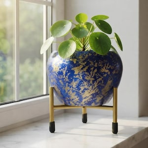 May include: A Pilea peperomioides plant in a round, deep blue ceramic pot with a gold-coloured mottled pattern. The pot rests on a gold-toned metal stand featuring three legs with black rubberised feet, providing a stable base for the planter.