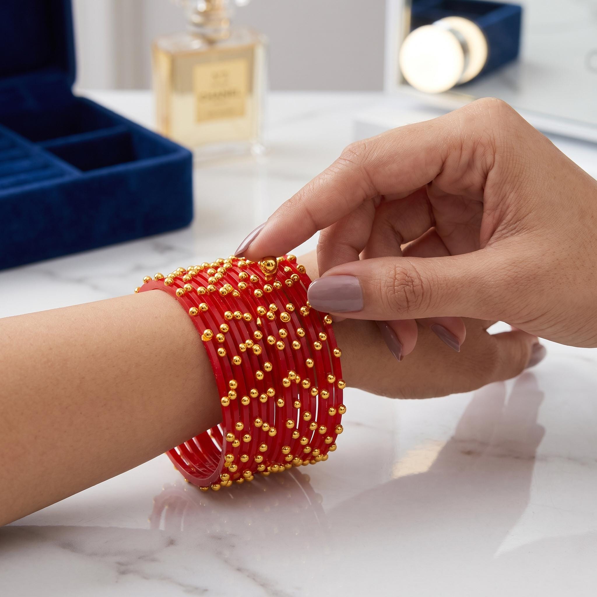 Handmade Red Gold Bead Lac Bangles, Traditional Indian Bridal Chura,…