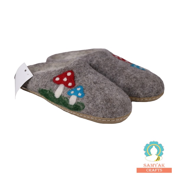 Mushroom design felt slipper with leather sole, felt slippers for women, men | Slipper | felt shoes