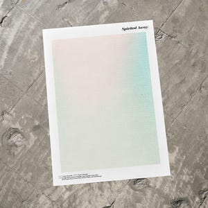 The image is a minimalist design featuring a white rectangular shape with a gradient background transitioning from pink to green. The text " Spirited Away" is displayed at the top of the image.