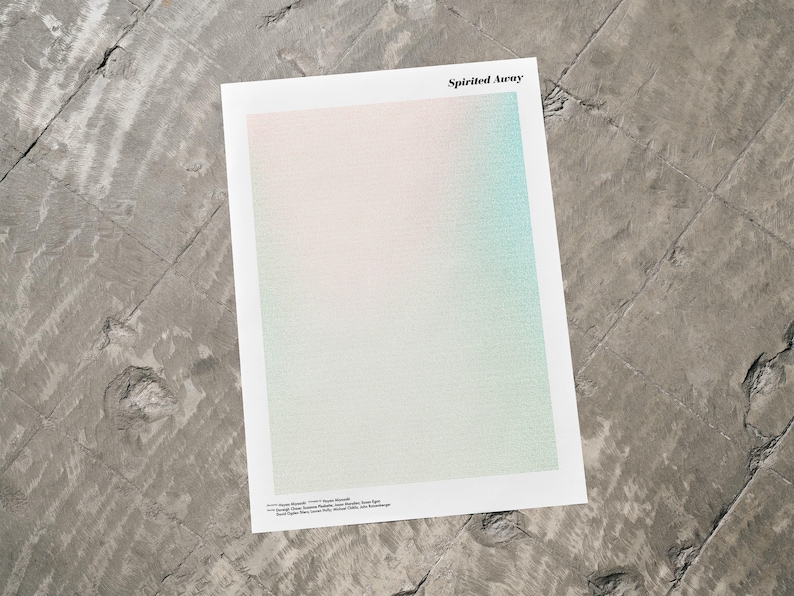 The image is a minimalist design featuring a white rectangular shape with a gradient background transitioning from pink to green. The text " Spirited Away" is displayed at the top of the image.