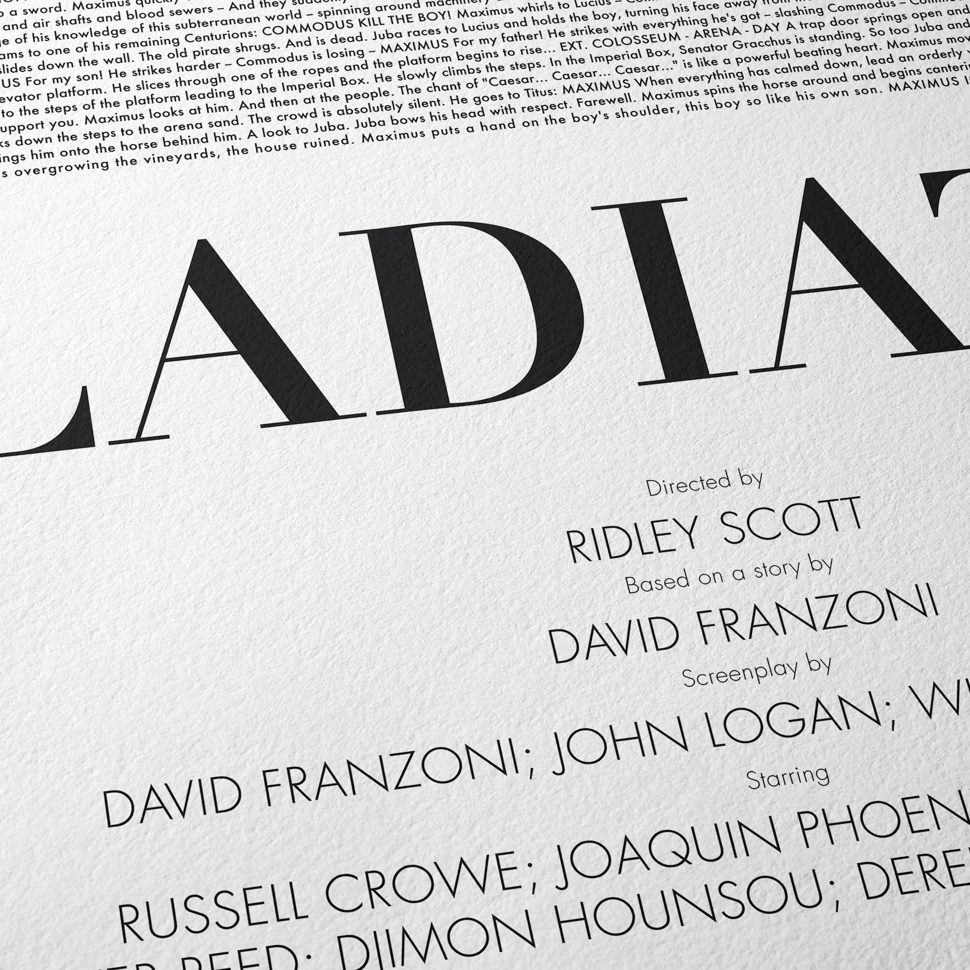 Screenwriting Posters Gladiator Screenplay Movie Poster Typographic Art Print Colour Gradient ...