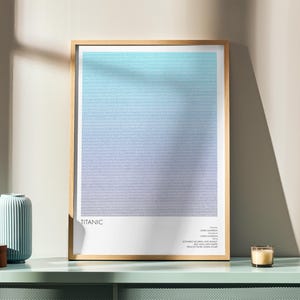 Könnte beinhalten: Gerahmtes Poster mit einem Farbverlauf von Blau und Lila, mit dem Wort "TITANIC" am unteren Rand. Das Poster befindet sich in einem hellen Holzrahmen und wird auf einer mintgrünen Oberfläche präsentiert. Eine blaue Vase, eine Holzbox und eine Kerze sind ebenfalls vorhanden.
