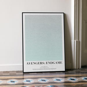 Poster della sceneggiatura di Avengers: Endgame / Stampa artistica minimalista del film di supereroi