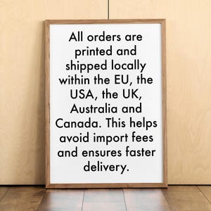 Pu&ograve; includere: Una stampa incorniciata con testo nero su sfondo bianco. Il testo indica che gli ordini vengono stampati e spediti localmente all'interno dell'UE, degli Stati Uniti, del Regno Unito, dell'Australia e del Canada, per evitare tasse di importazione e garantire una consegna pi&ugrave; rapida.
