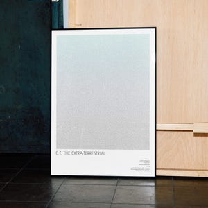 May include: A framed poster featuring a gradient design that transitions from light blue to white. The poster has the text "E.T. THE EXTRA-TERRESTRIAL" at the bottom. The poster is displayed against a dark wall and a wooden panel.