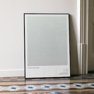 May include: A framed poster with a black border leans against a white wall. The poster has a textured, light grey background and the word "OPPENHEIMER" in white at the bottom. Additional text is present below the name.