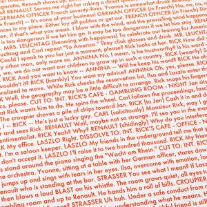 Pu&ograve; includere: Un foglio bianco con testo rosso in diagonale, con dialoghi di un film. Il testo include frasi come "Rick's Cafe" e "Ilsa."