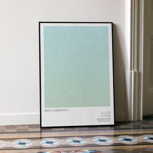 May include: A framed poster with a gradient of blue and green hues. The poster is leaning against a white wall and features the text "PAN'S LABYRINTH" at the bottom. The frame is black.