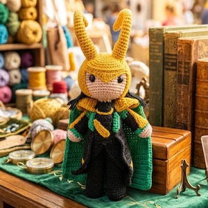 May include: A crocheted doll depicting a character with a yellow horned helmet, black attire, and a green cape. The doll is displayed on a wooden table with a green velvet runner. The background includes shelves with yarn and vintage books.