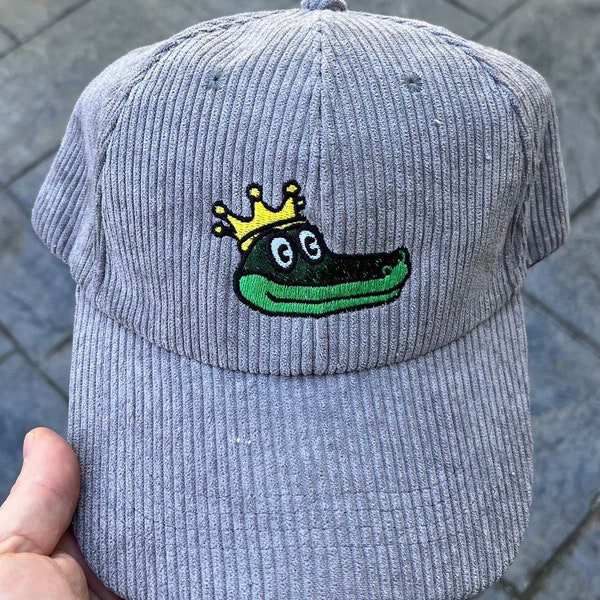 Grey Corduroy Embroidered KING Gator Hat inspired by King Gizzard and the Lizard Wizard