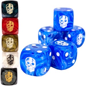 May include: Set of six blue dice with white swirl patterns and white dots. Each die features a white skull graphic.