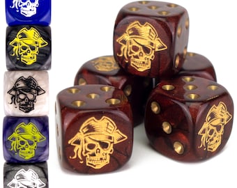 May include: Five red dice with gold accents and a pirate skull and crossbones design. The dice are stacked on top of each other.