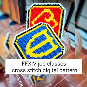 May include: Two cross-stitch designs in a glass bowl. One is blue with yellow accents, the other is red with yellow accents. The designs are square with a white border. Text at the bottom reads "FFXIV job classes cross stitch digital pattern."