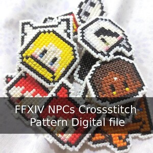 May include: A collection of colorful cross-stitch patterns featuring various Final Fantasy XIV (FFXIV) NPCs. The designs include characters with yellow, brown, red, and white details, outlined in black. The text "FFXIV NPCs Crossstitch Pattern Digital file" is visible.