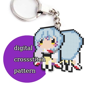May include: A digital cross stitch pattern featuring a cartoon character with blue hair and a white outfit. The pattern is displayed on a purple circle with the text "digital cross stitch pattern".