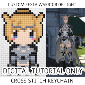 May include: A digital cross stitch pattern of a Warrior of Light from the video game Final Fantasy XIV. The pattern is in pixel art style and shows a character with blonde hair and a black and grey outfit. The image also includes a photo of the character in the game.
