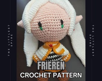 May include: Crochet pattern for a white haired, pink skinned amigurumi doll wearing a yellow and black striped shirt, a white coat, and brown shoes. The doll has green eyes and the text "Frieren Crochet Pattern" is on the image.