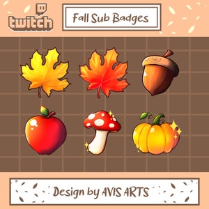 Könnte beinhalten: Sechs bunte Twitch-Abo-Badges zum Thema Herbst: ein roter Apfel, ein gelber Kürbis, eine braune Eichel, ein rot-weißer Pilz und zwei Ahornblätter, eines gelb und eines orange. Die Badges befinden sich auf einem braunen Gitterhintergrund mit dem Text "Fall Sub Badges" und "Design by AVIS ARTS".