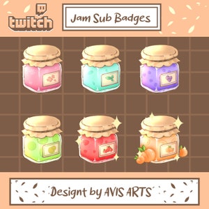 May include: Six illustrated jars of jam with different fruit flavours, each with a brown lid and a white label. The jars are arranged in two rows of three. The text "Jam Sub Badges" is at the top of the image. The text "Designt by AVIS ARTS" is at the bottom of the image.