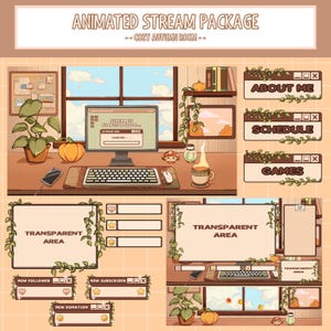 Könnte beinhalten: Animiertes Stream-Paket mit dem Thema gemütliches Herbstzimmer. Das Paket enthält verschiedene Elemente, wie eine Desktop-Szene mit einem Computer, ein Fenster mit Herbstlaub und eine Tasse Kaffee. Es gibt auch mehrere Schaltflächen für "Über mich", "Zeitplan" und "Spiele".