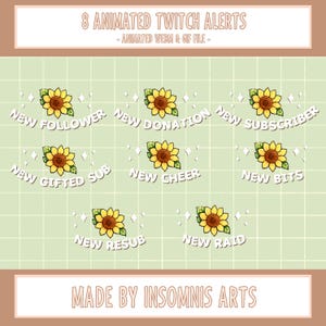 Könnte beinhalten: Animierte Twitch-Alert-Grafiken mit Sonnenblumen. Jede Grafik zeigt eine Sonnenblume und Text wie "New Follower", "New Donation" und "New Subscriber". Der Hintergrund hat ein hellgrünes Gittermuster.