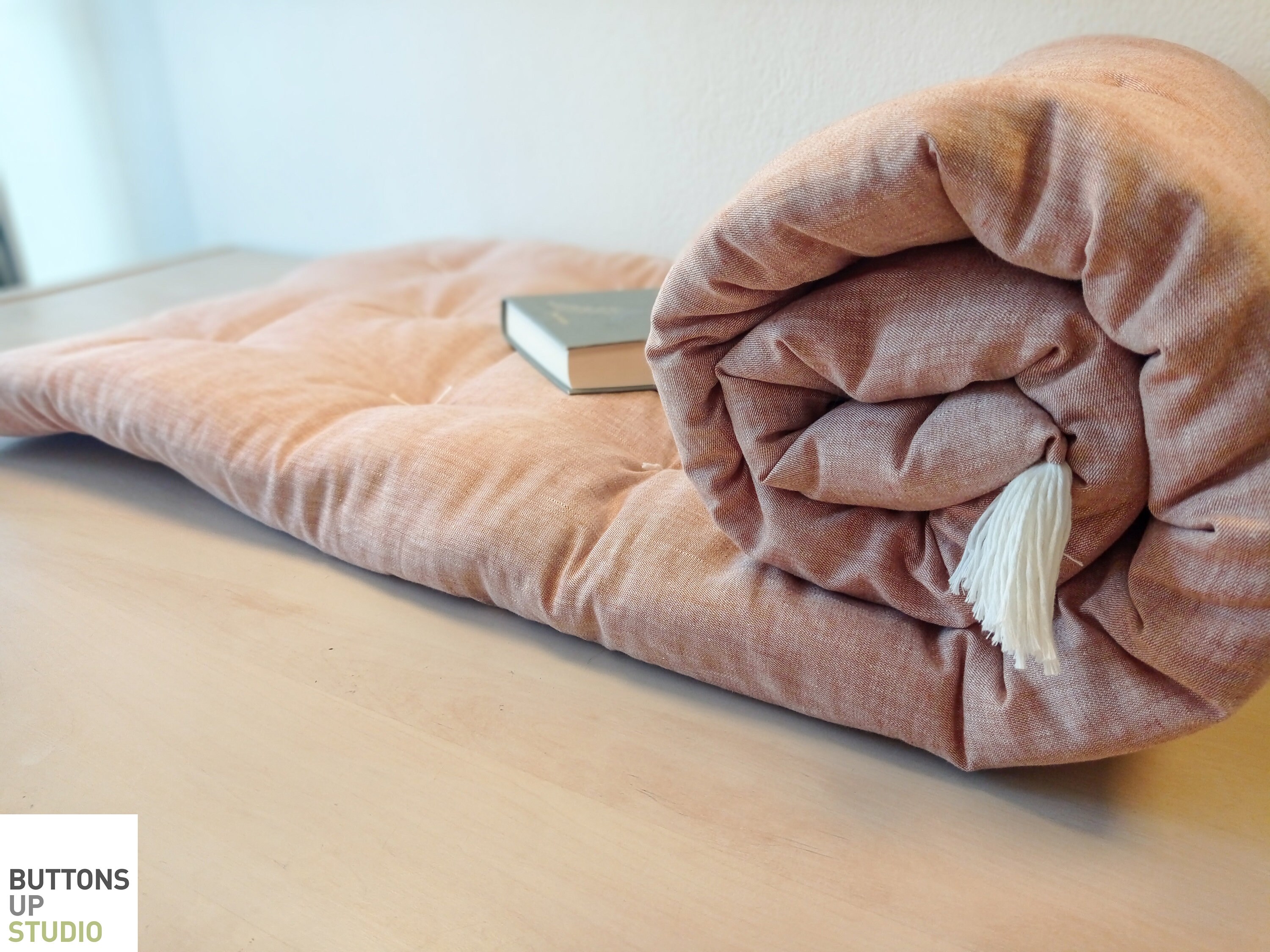 SOFA TOPPER MAT, Burnt Orange Linen Tufted Seat Cushion, Custom Size
