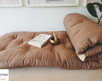 LINEN SOFA TOPPER Mat, Brown Tufted Window Seat Cushion, Custom Sizes Available, Couch Protection For Pets, Washable Covers in Earthy Tones