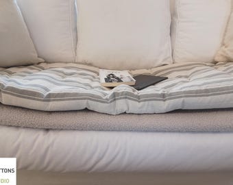 SOFA TOPPER, Striped Cotton Floor Cushion, Tufted Window Seat, Custom Size Padded Futon, Couch Protection For Pets, Washable Slipcover