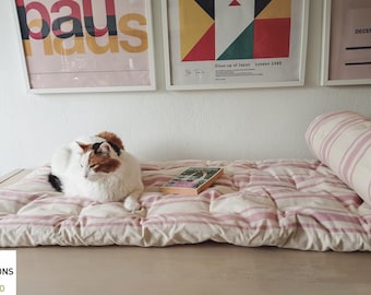 STRIPED SOFA TOPPER, Cotton Floor Cushion, Tufted Window Seat, Custom Size Futon Mat, Sofa Pad, Couch Protection For Pets, Washable Covers