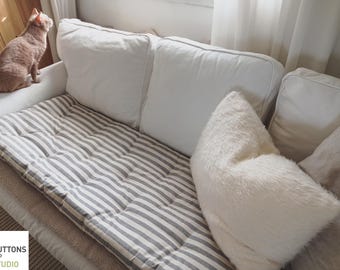 STRIPED SOFA TOPPER, Reading Nook Cushion, Tufted Window Seat, Custom Sizes Available, Couch Protection Pad For Pets, Washable Covers