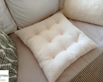 BOUCLE SOFA TOPPER, Cream Wool tufted Cushion, Window Seat French Mattress Futon, Furniture Protection For Pets, Washable Slipcover